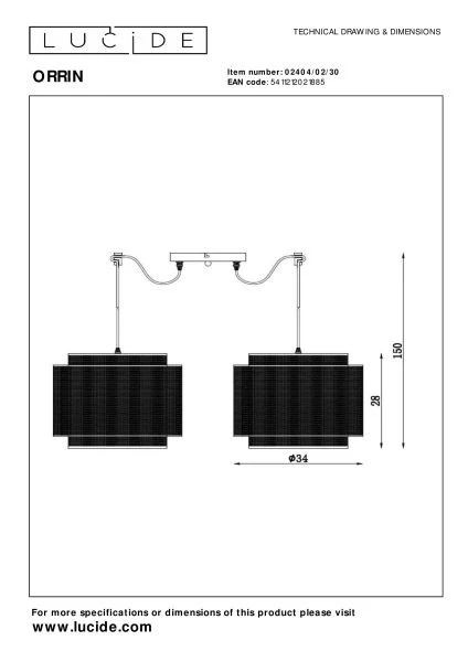 Lucide ORRIN - Pendant light - 2xE27 - Black - technical